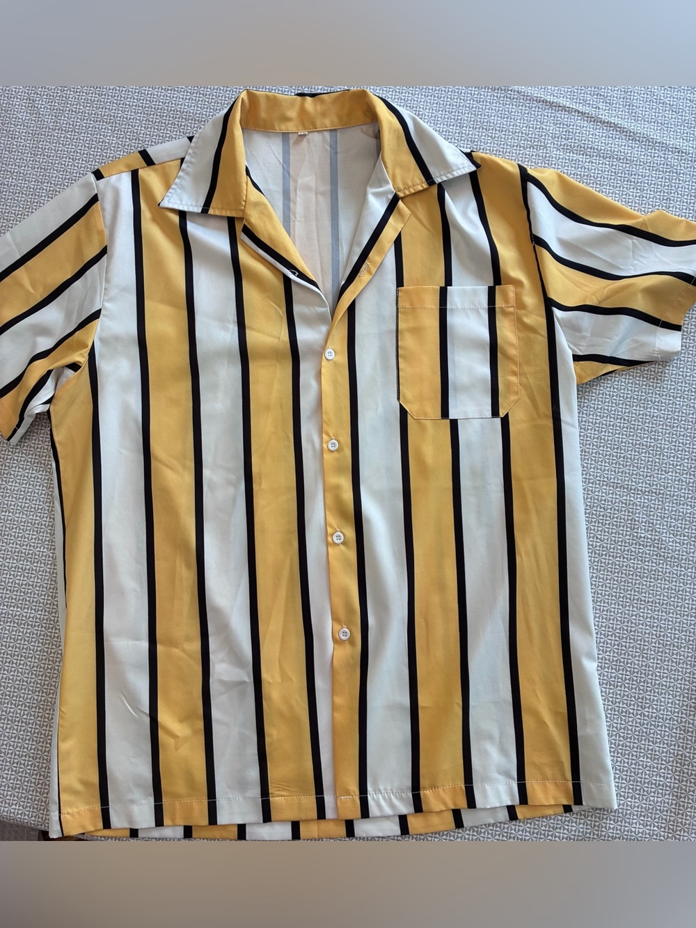 SHEIN Yellow, White & Black Vertical Stripe Short-Sleeve Button Shirt